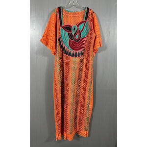 Bohemian Dress Womens Large Orange Embroidered Short Sleeve Sheer Boho Festival